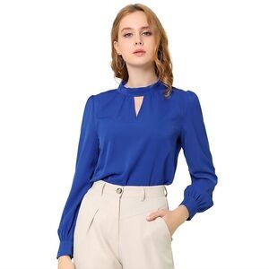 Royal Blue Allegra K Keyhole Stand Collar Pleated Back Button Blouse